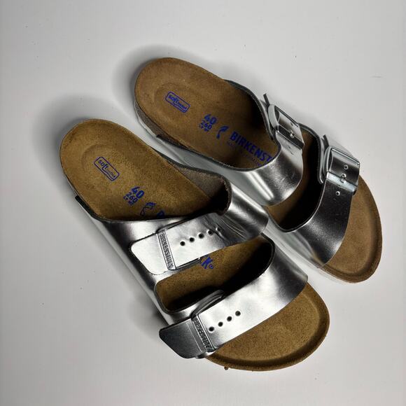 Birkenstock Arizona Metallic Leather Soft Footbed Sandals in Silver - Picture 6 of 8